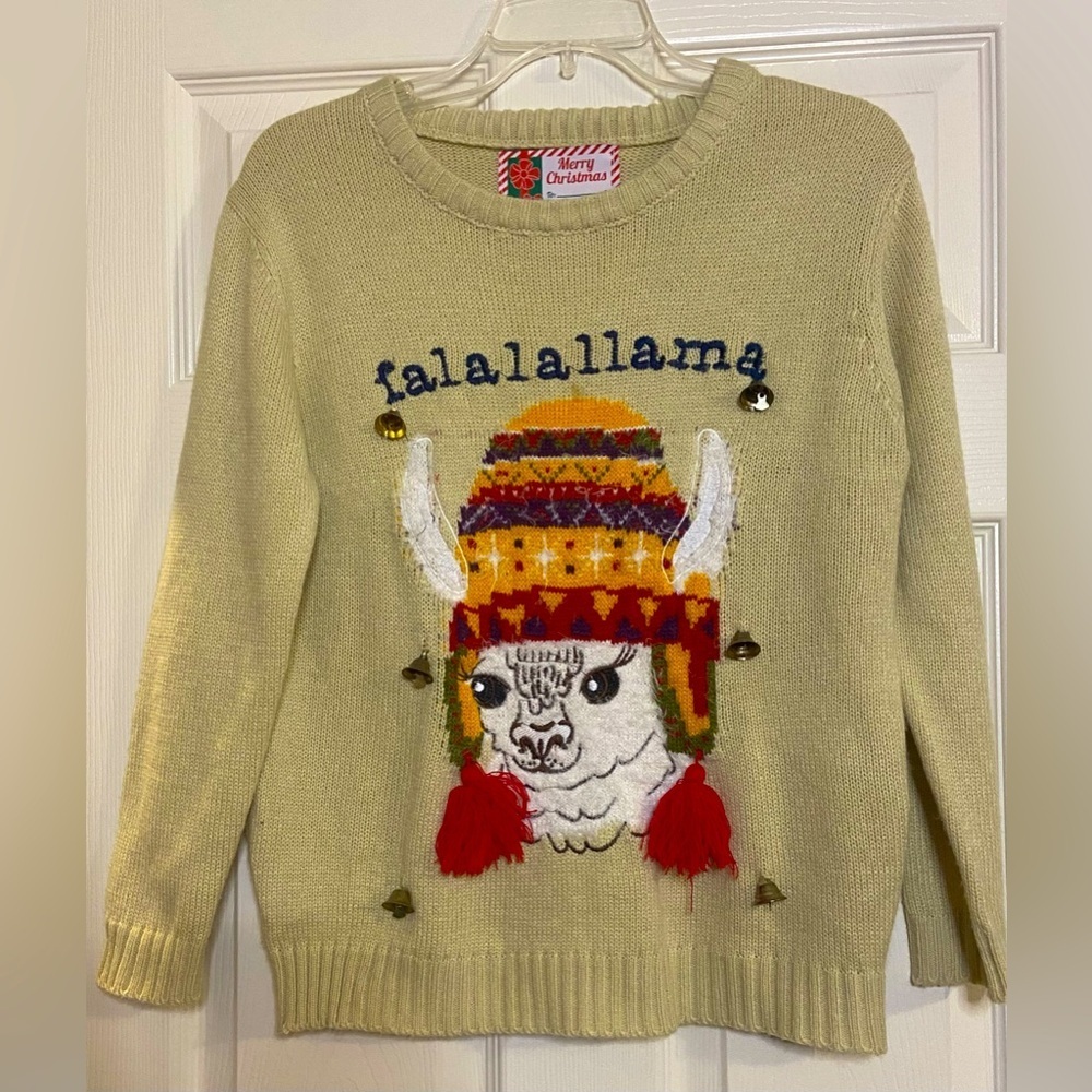 FalalaLlama Tacky Merry Christmas Sweater W/Tassels Jingling Bells Sz Small